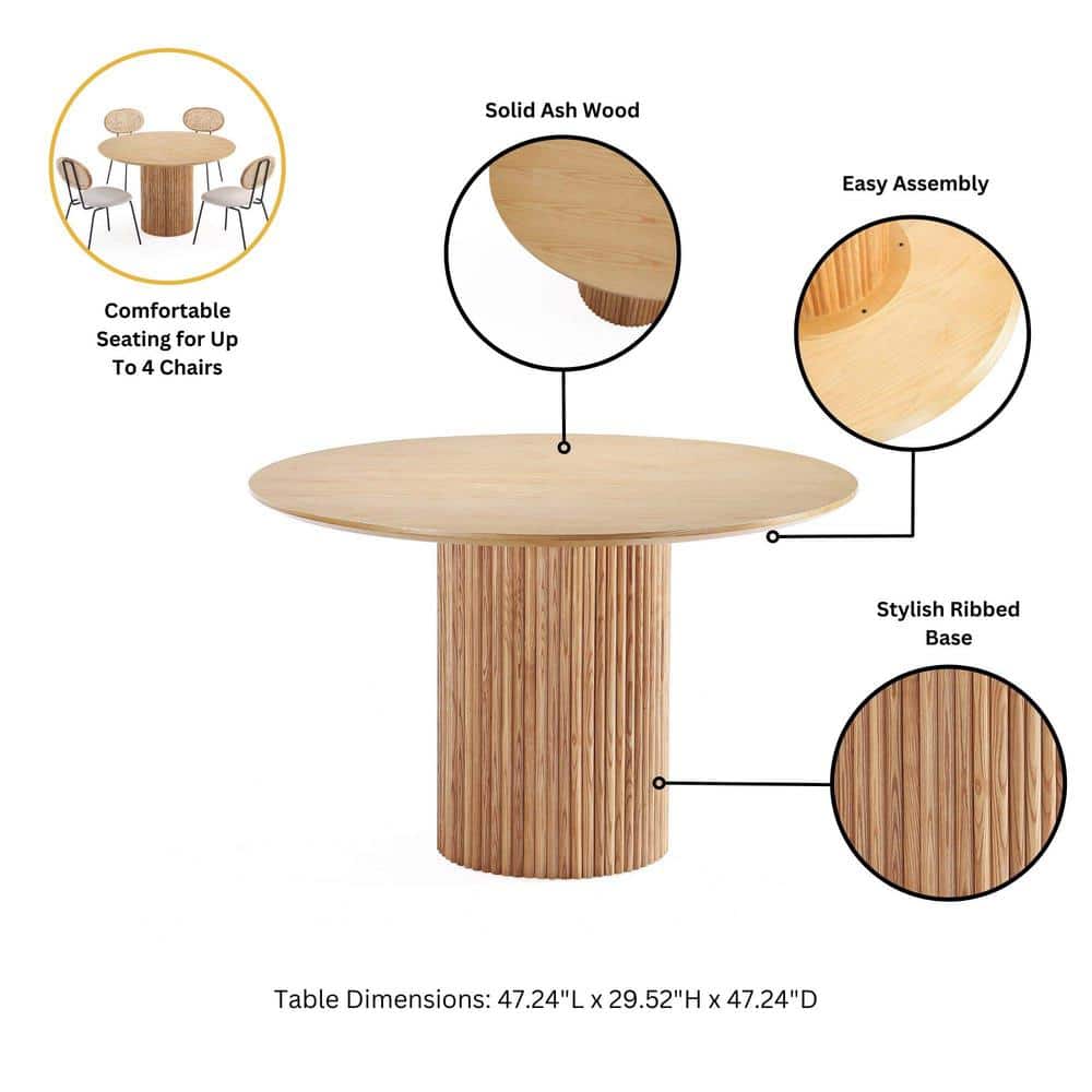 Natural Wood Round Dining Table with Ribbed Pedestal Base, 47.24"