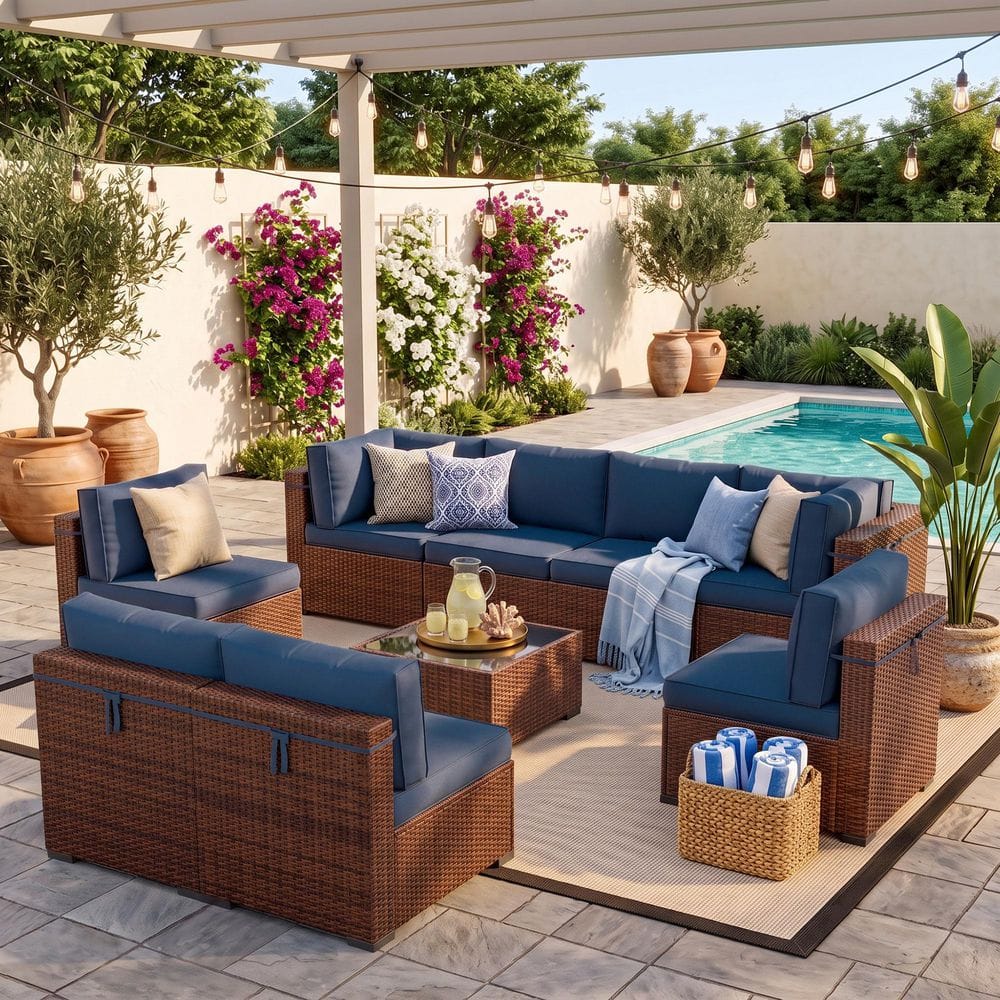 Brown Frame 9 Piece Rattan Patio Conversation Set, Wicker Sectional Seating Group with Navy Cushions and Coffee Table price history on PriceWatchPro