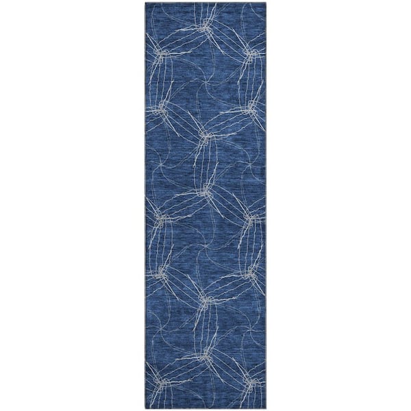 Mayfield Premium Machine Washable Abstract AMF968 Navy 2 ft. 3 in. x 7 ft. 6 in. Runner Rug
