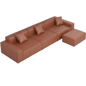 140 in. Removeable Leathaire L Shaped Sectional Sofa with Ottomans in Brown