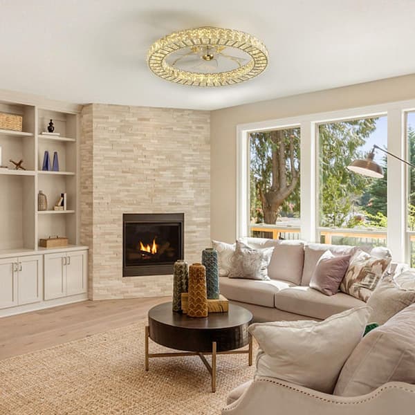 22 in. Indoor Gold Low Profile Crystal Ceiling Fan with Lights with Remote Included