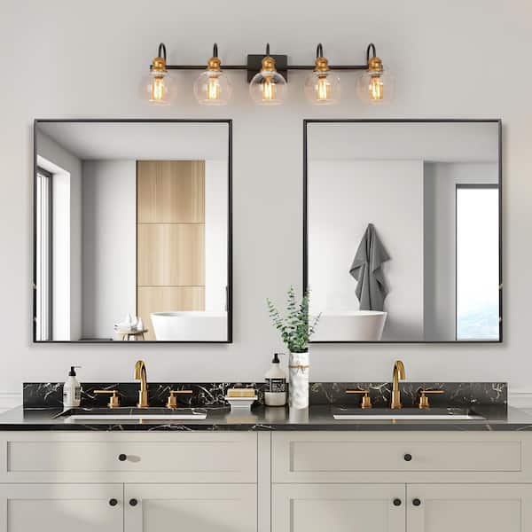 Modern 35.5 in. 5-Light Aged Brass Vanity Light with Black Linear Frame and Clear Glass Globes for Master Bathroom