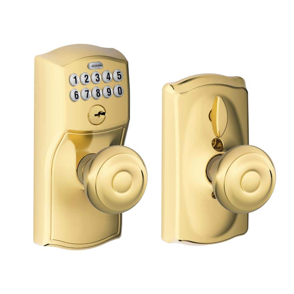 Schlage Camelot Bright Brass Electronic Keypad Door Lock with Georgian Knob  and Flex Lock FE595 CAM 505 GEO The Home Depot