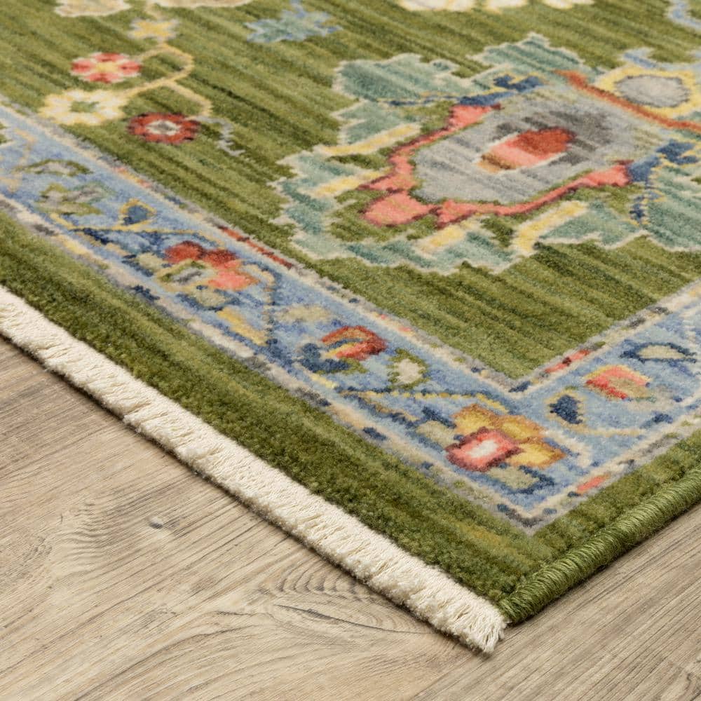 Green and Blue Wool Synthetic Oriental Runner Rug, 2' x 6'