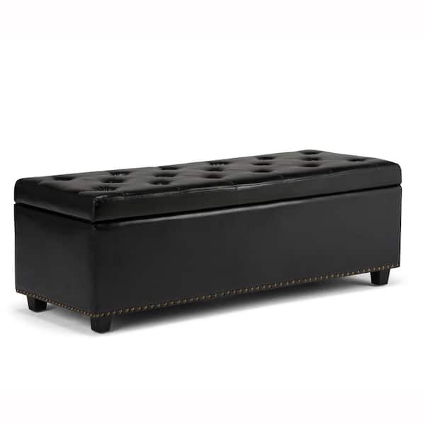 Simpli Home Hamilton 48 in. Wide Transitional Rectangle Storage Ottoman in Midnight Black Faux Leather
