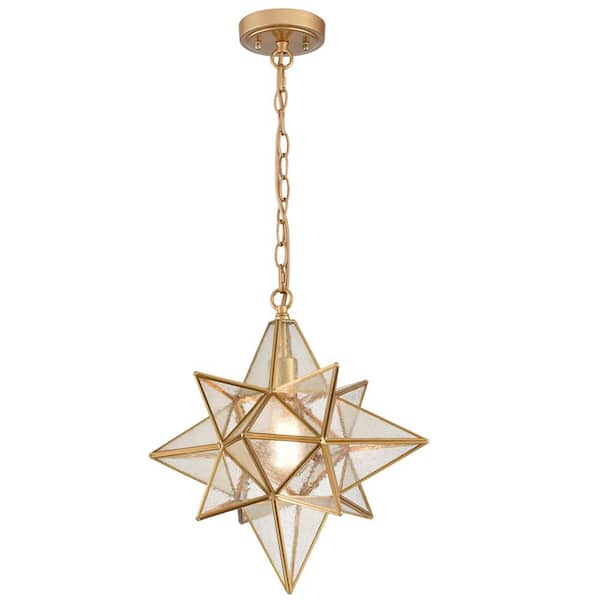 CLAXY 60-Watt 1-Light Brass Finished Shaded Pendant-Light with Seeded Glass Shade and No Bulbs Included