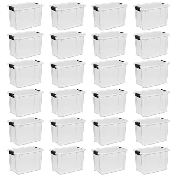 30 qt. Clear Plastic Stackable Storage Bin w/White Latch Lid, (24-Pack)