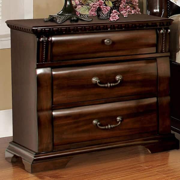 Benjara Burleigh Transitional 3-Drawer Cherry Finish Night Stand 17 in. L x 28 in. W x 28 in. H