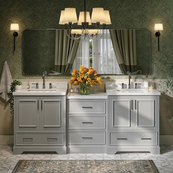 Stafford 85 in. W x 22 in. D x 36 in. H Double Sink Bath Vanity in Gray with Italian Carrara Marble Top