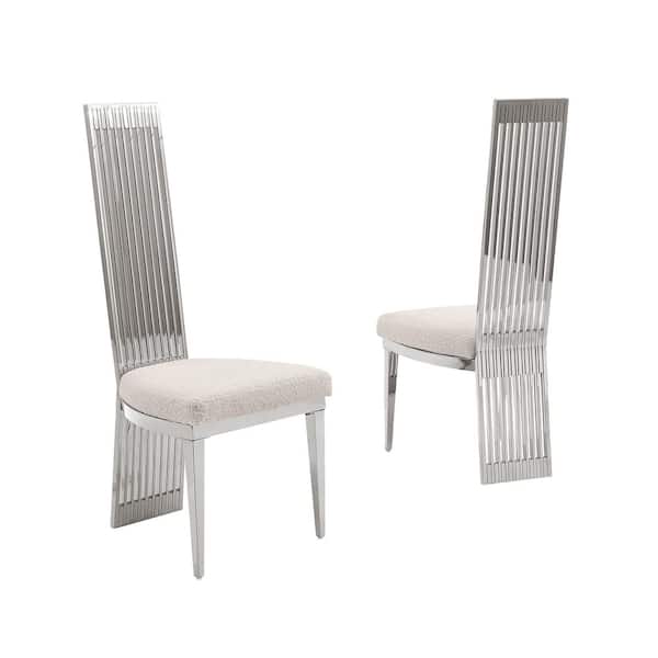 Curtis Cream Boucle Fabric Side Chair (Set of 2) with Polished Stainless Steel Frame