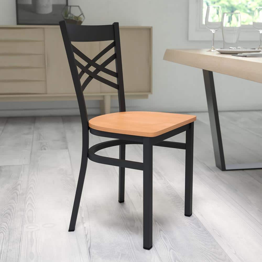 High Black Metal Cross Back Side Chair with Natural Wood Seat