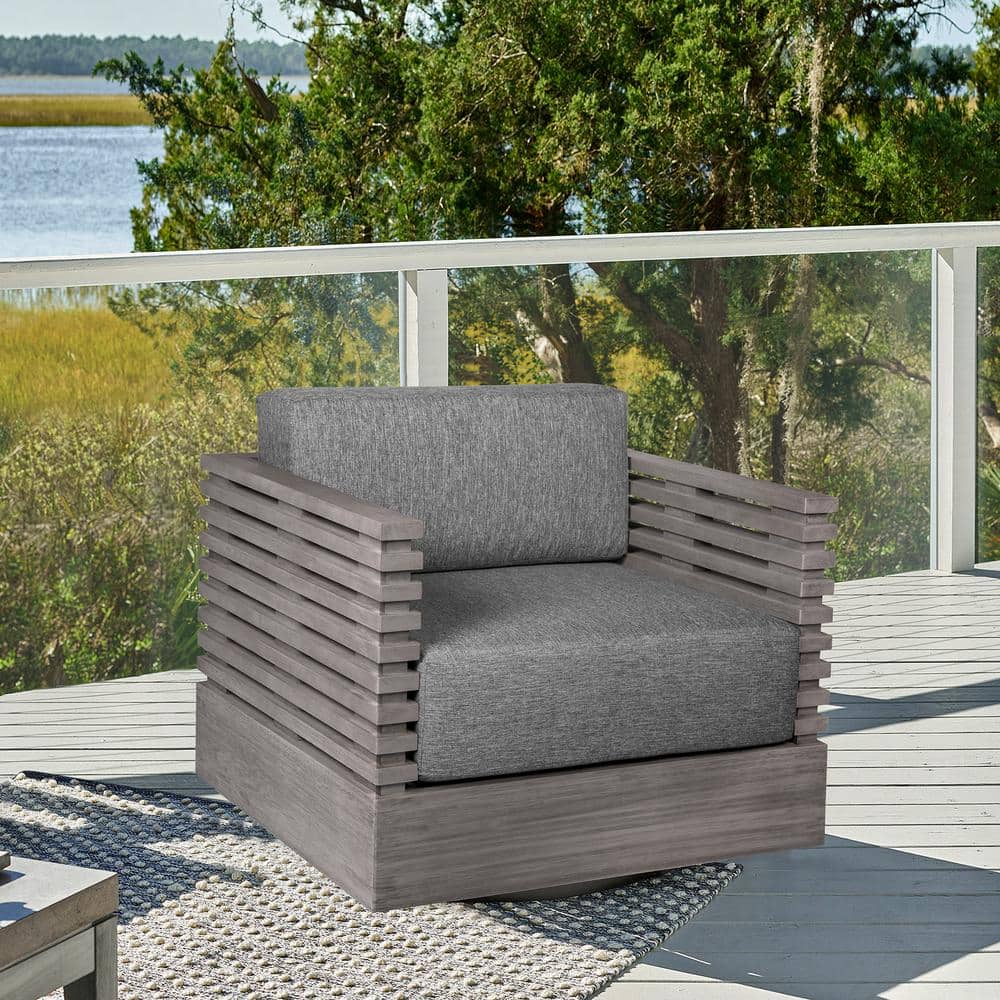 Vivid Light Gray Swivel Eucalyptus Wood Outdoor Lounge Chair with Light Gra