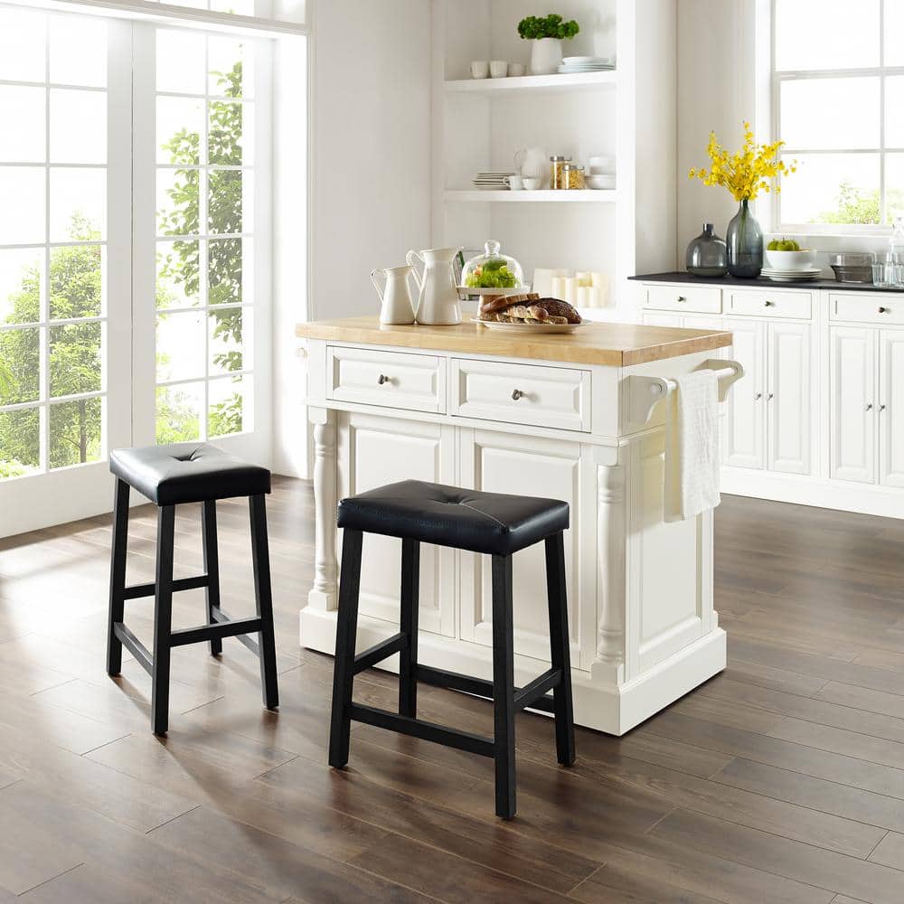 Oxford Solid Wood White Kitchen Island with Butcher Block and Saddle Stools