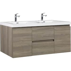 60 in. W Double Sink Floating Bath Vanity in Ash Grey with White Resin Top and Soft Close Drawers