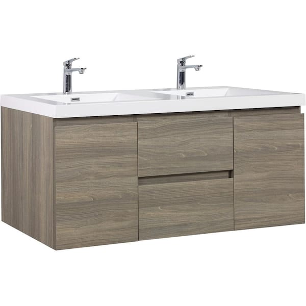 Aoibox 60 in. W Double Sink Floating Bath Vanity in Ash Grey with White Resin Top and Soft Close Drawers