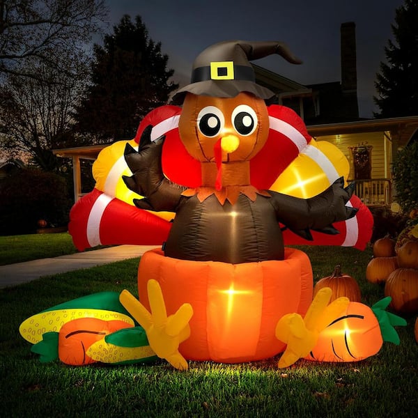 7 ft. Long Thanksgiving Inflatable LED Lighted Turkey Inside Pumpkin
