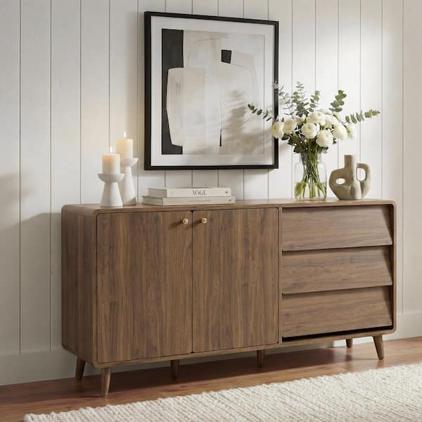 Kensa Walnut 58 in. 2-door 3-drawer Wood Buffet Sideboard with Waterproof Scratch-resistant Top, Quiet Soft-close Hinges