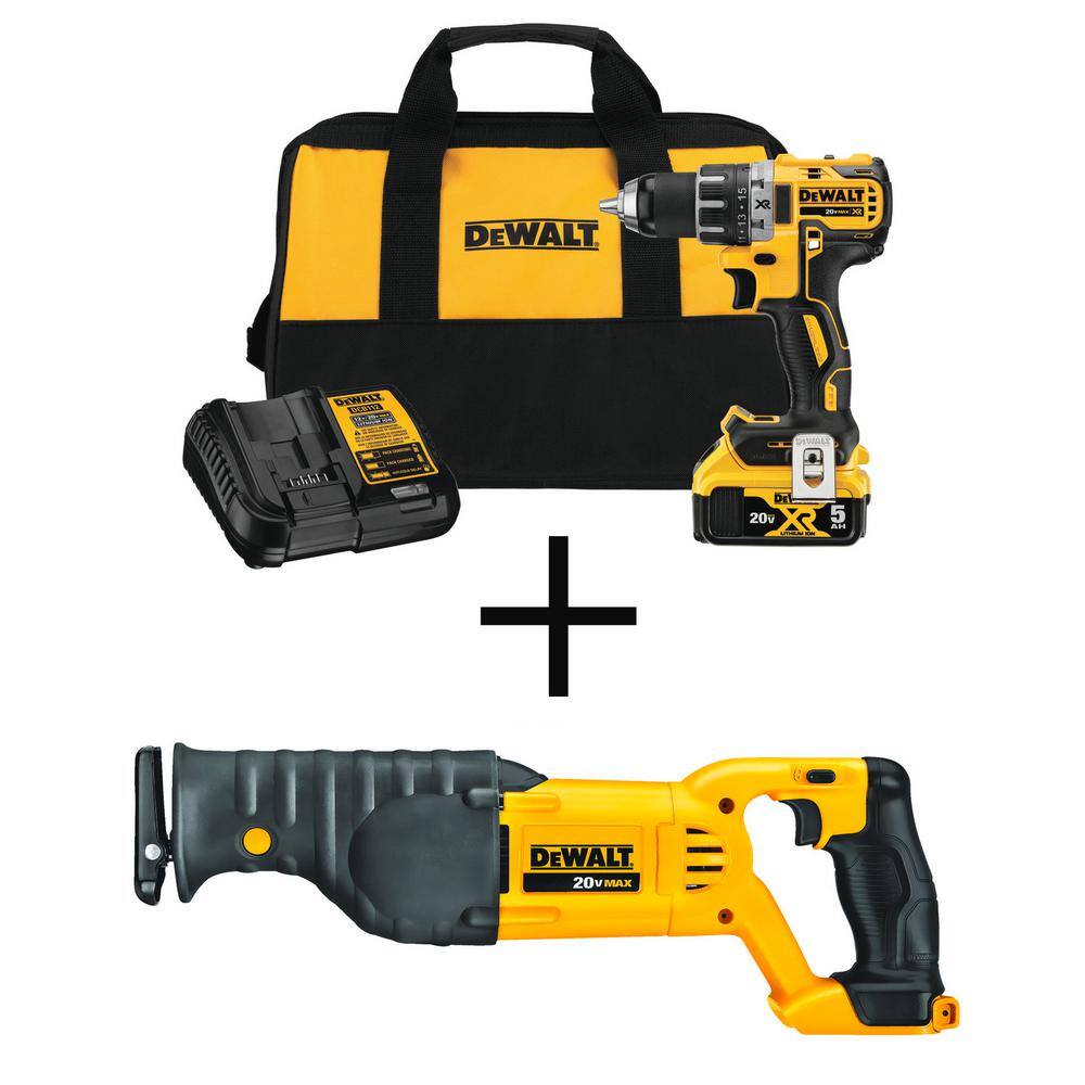 DEWALT 20V MAX XR Cordless Brushless 1/2 in. Drill/Driver, Reciprocating Saw, (1) 20V 5.0Ah Battery, and Charger -  DCD791P1W380