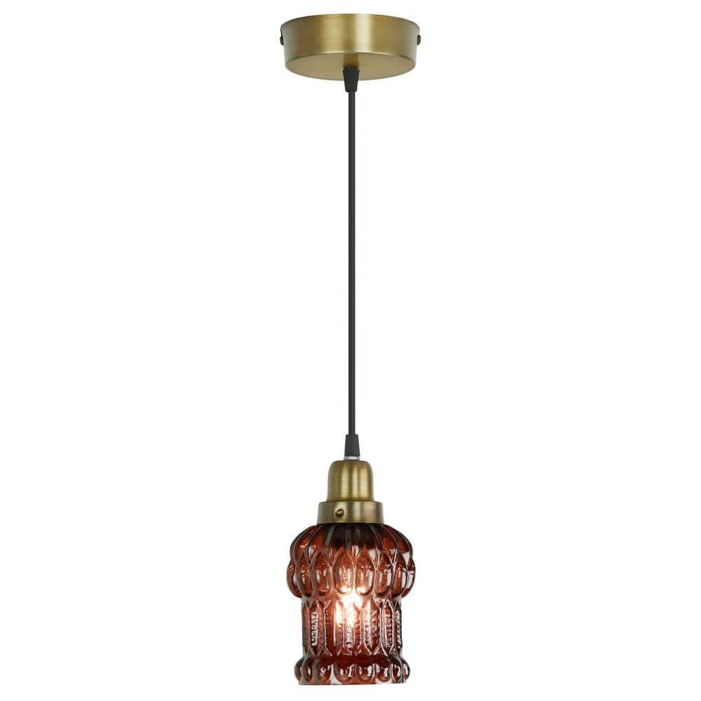 Brown Textured Glass and Gold Metal Pendant Light