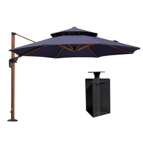 PURPLE LEAF 11 ft. Octagon High-Quality Wood Pattern Aluminum Cantilever Polyester Patio Umbrella with Base in Ground, Navy Blue