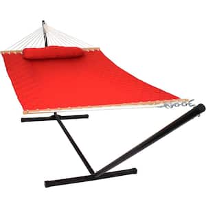 10-3/4 ft. Quilted Double Fabric 2-Person Hammock with Spreader Bars Pillow and Stand in Red