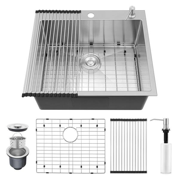 25 in. Drop-In Single Bowl 16-Gauge Brushed Nickel Stainless Steel Kitchen Sink with Accessories, 10 in. Deep