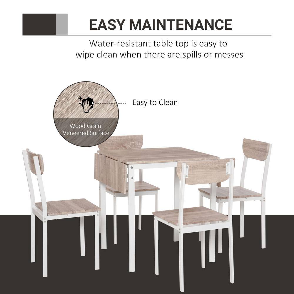 White and Light Brown Drop-Leaf Dining Table Set with 4 Chairs