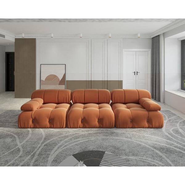 J&E Home 103.95 in. W Square Arm Velvet Rectangle 3-Seater Free Combination Sofa in Orange