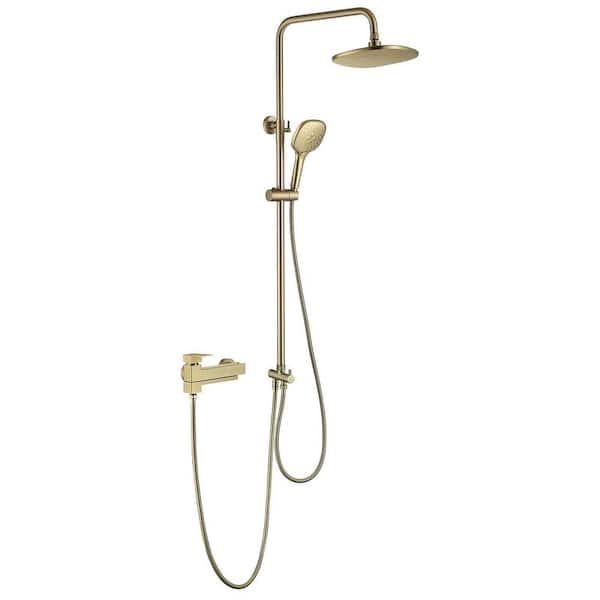 4-Spray 9 in. Round Wall Bar Shower Kit Shower System with Tub Spout and 3-Setting Handheld Shower Head in Brushed Gold