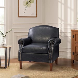 Gianluigi Navy Vegan Leather Armchair with Rolled Arms and Nailhead Trim