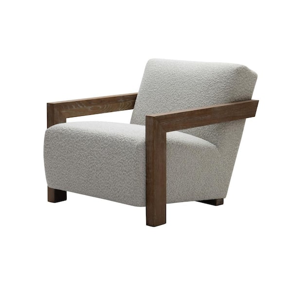 Benjara Cid Beige and Gray Polyester Side Chair with Brown Wood Legs and Armrests