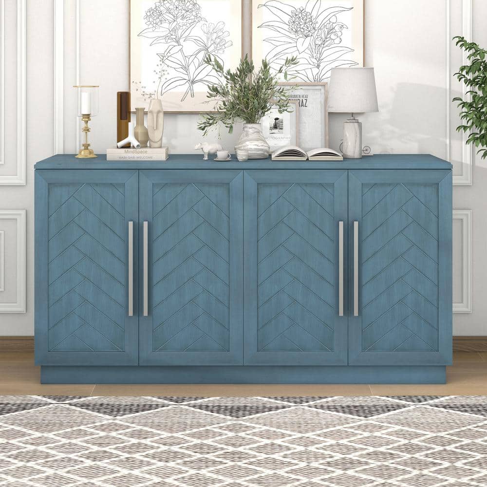 Antique Blue Wood 60 in. 4-Doors Sideboard Buffet Cabinet with ...