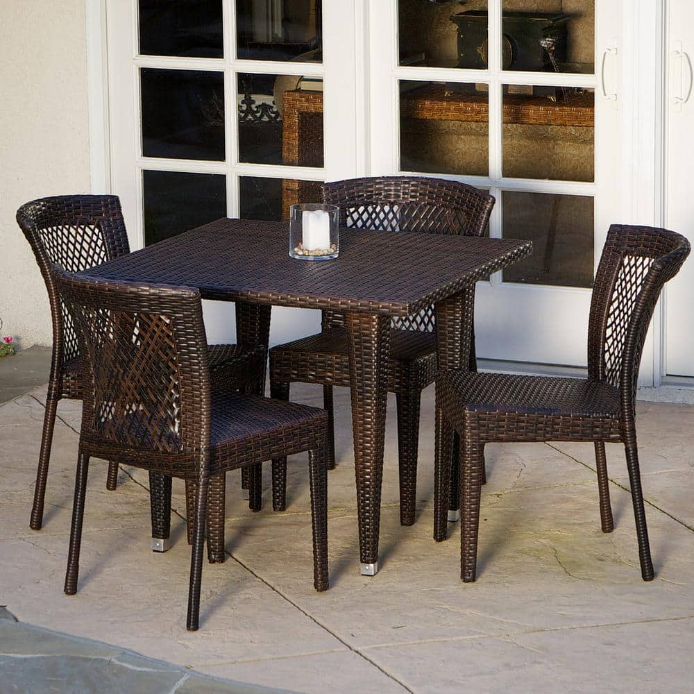 Jaylah Multi-Brown 5-Piece Faux Rattan Square Outdoor Patio Dining Set with Stacking Chairs -  Noble House, 2325