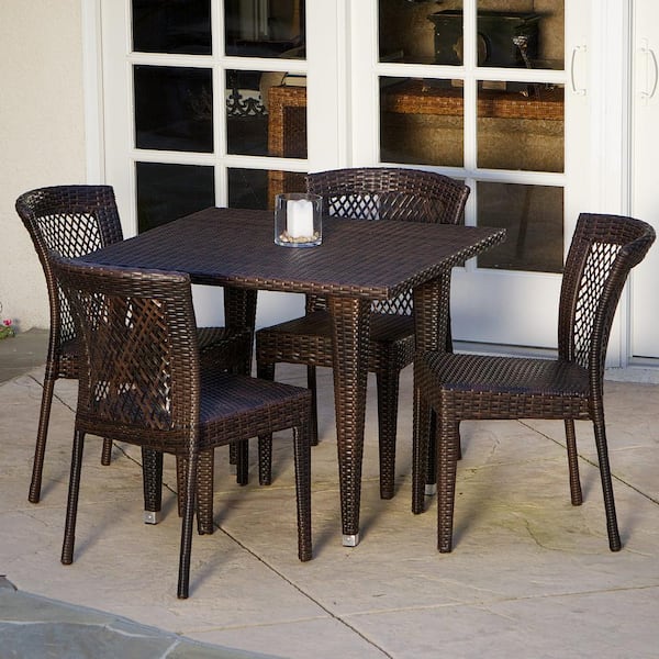 Noble House Jaylah Multi-Brown 5-Piece Faux Rattan Square Outdoor Patio Dining Set with Stacking Chairs