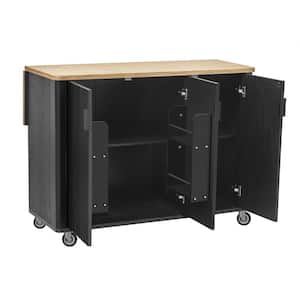 Luxury Black Wood 51 in. Rolling Drop Leaf Kitchen Island with Internal Storage Rack and Towel Rack