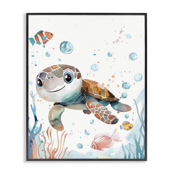 Smiling Baby Turtle by Franklyn Gregory Black Framed Animal Giclee Art Print 14 in. x 11 in.