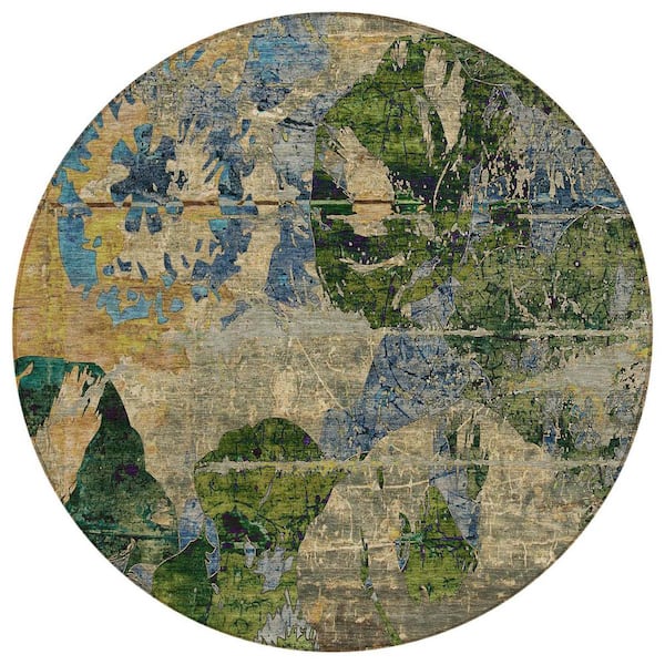 Taupe Blue and Green 8 ft. Round Woven Floral Round Indoor/Outdoor Area Rug