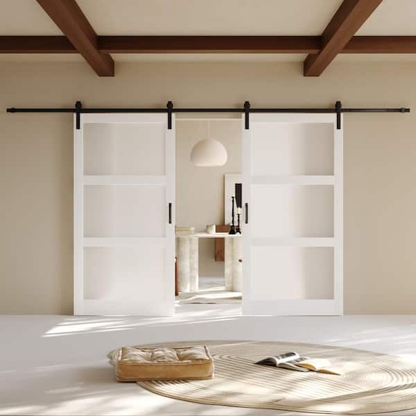 84 in. x 84 in. 3-Lite Tempered Frosted Glass White MDF Finished Double Sliding Barn Door Slab with Hardware