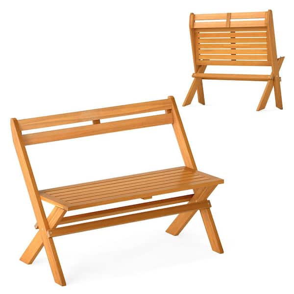Foldable Outdoor Bench 2-Person Acacia Wood Patio Garden Bench Outside Loveseat