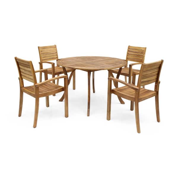 Wells Teak Brown 5-Piece Wood Outdoor Patio Dining Set