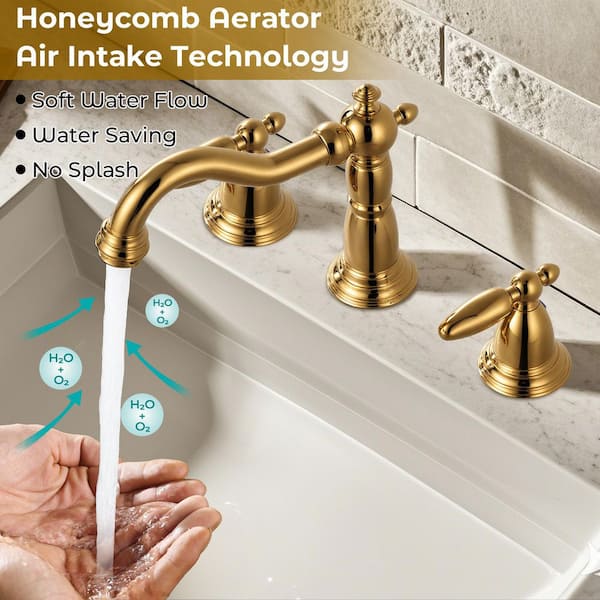 Double handles 8 in. Widespread Bathroom Faucet 3-Hole Bathroom Sink Faucet in Polished Gold