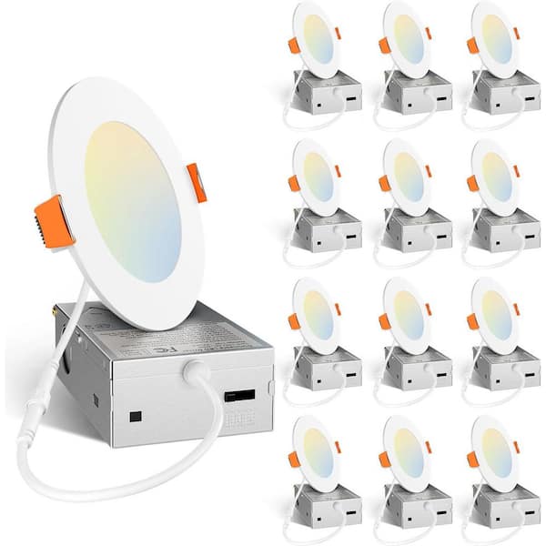 12-Pack 4 in. 5CCT Dimmable Ultra-Thin Integrated LED Recessed with Junction Box, 2700K to 5000K Selecttable 700 Lumens