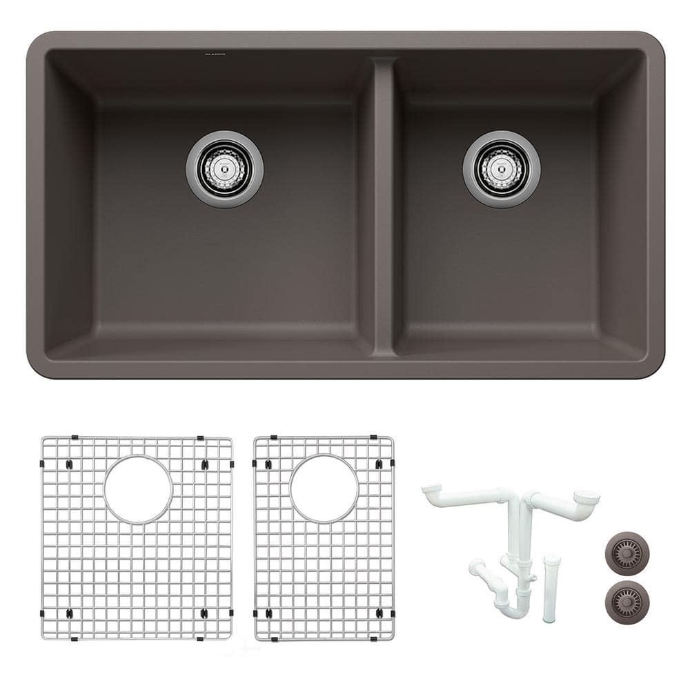 Precis 33 in. Undermount Double Bowl Volcano Gray Granite Composite Kitchen