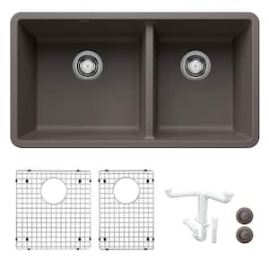 Precis 33 in. Undermount Double Bowl Volcano Gray Granite Composite Kitchen Sink Kit with Accessories