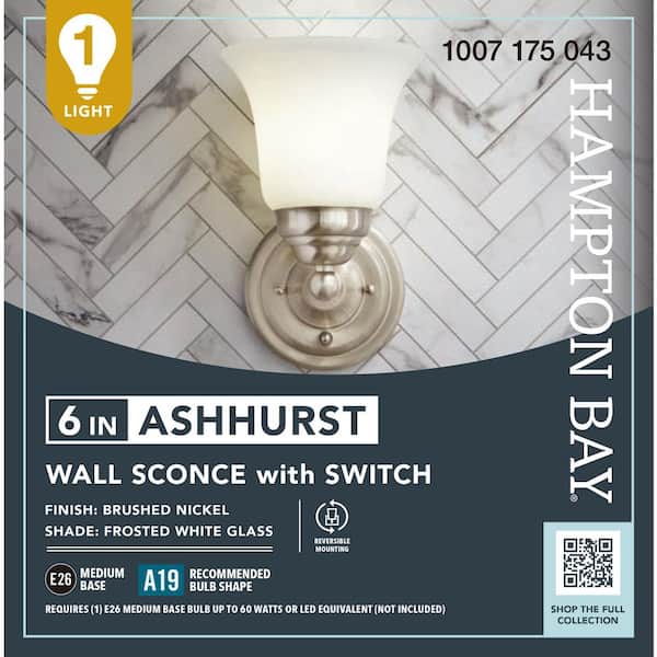 Hampton Bay Ashhurst 1-Light Brushed Nickel Wall Sconce with