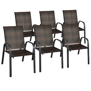 PE Wicker Stackable Outdoor Dining Chairs in Brown with Sturdy Steel Frame (Set of 6)