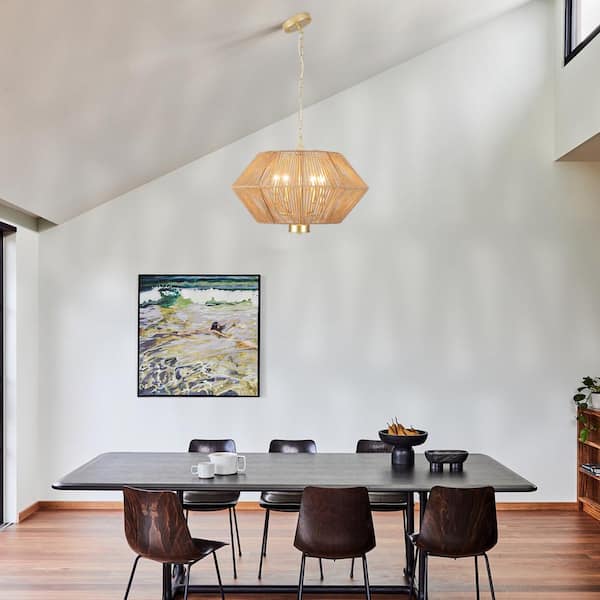 4-Light Gold Drum Hanging Linear Chandelier Lighting with Paper Rattan Shaded for Kitchen Island
