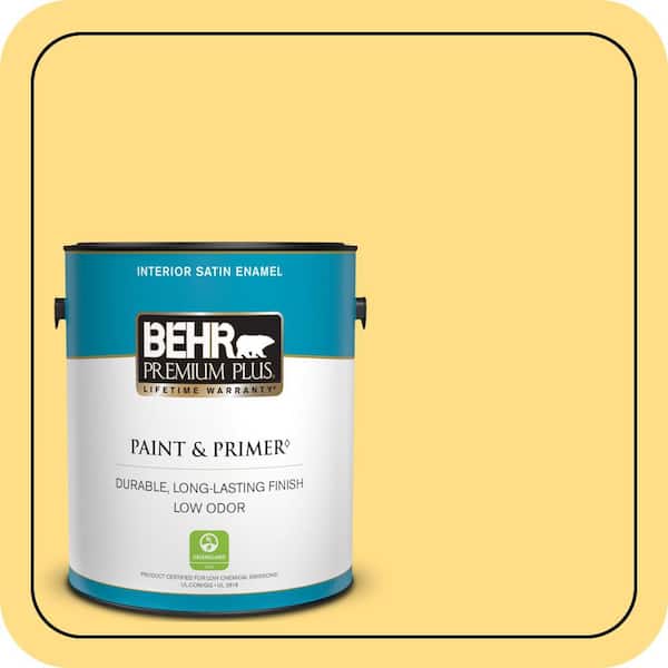 BEHR PREMIUM PLUS 1 gal. #330B-5 Yellow Corn Satin Enamel Low Odor Interior Paint & Primer