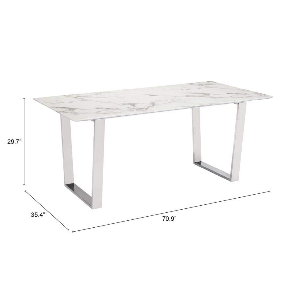 Atlas 70.9'' White Marble Rectangular Dining Table with Silver Base