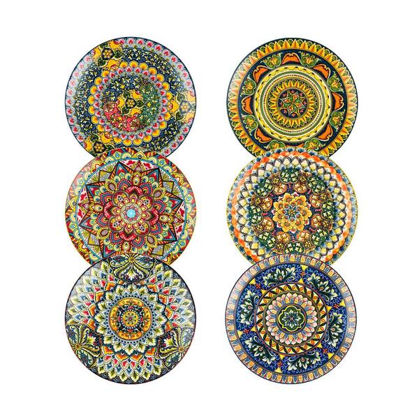 Set of 6 Ceramic Dessert Plates 8.5 in Porcelain Salad Plates with Colorful Bohemian Style Patterns Combo